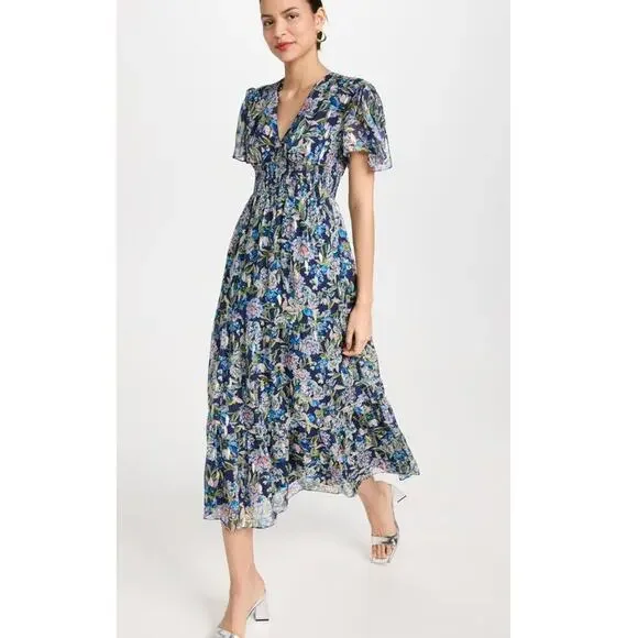 SHOSHANNA Midnight Lenora Midi Dress Navy Silver Multi Floral Smocked Tuckernuck - Picture 7 of 8